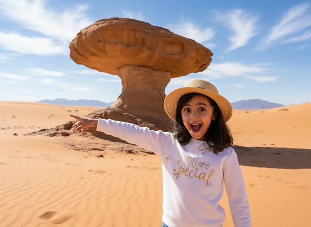Saudi Girl at Mushroom Rock Formation in Al-Ula Desert Saudi Girl at Mushroom Rock Formation in Al-Ula Desert