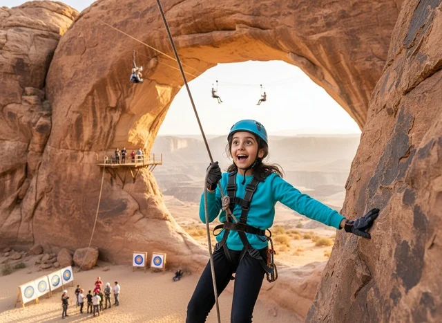 Arab Girl Rock Climbing in Desert Canyon Arch