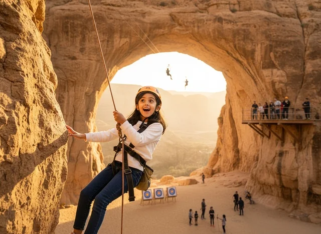 Saudi Girl Rock Climbing at Desert Natural Arch