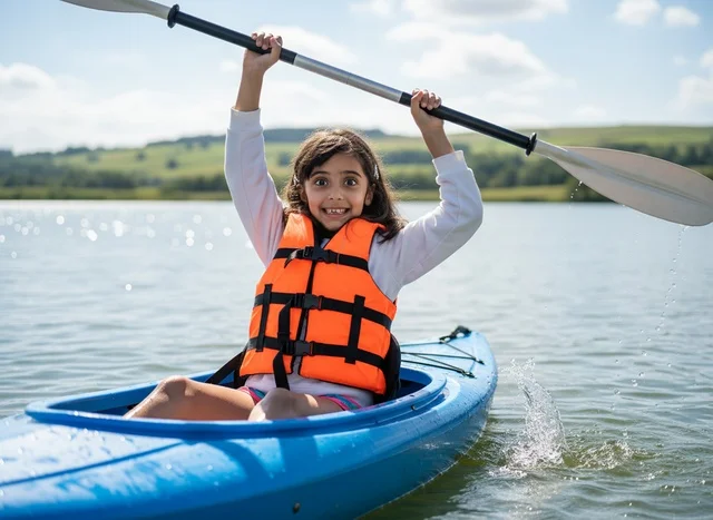 Arab Girl Kayaking in Blue Boat on Lake