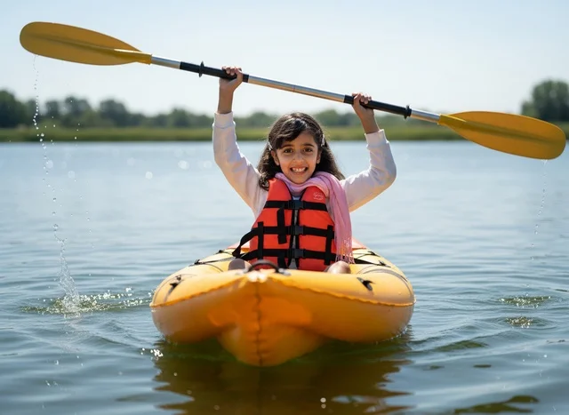 Saudi Girl Kayaking in Yellow Boat on Calm Lake