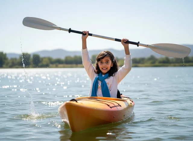 Arab Girl Paddling Yellow Kayak on Sunny Lake