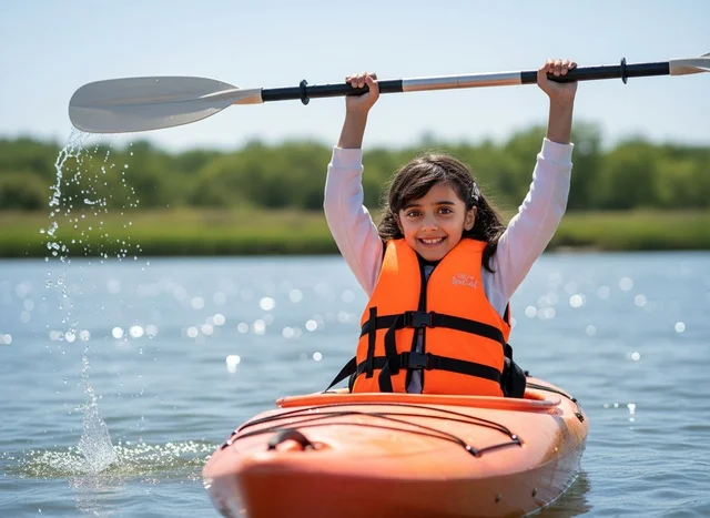 Arab Girl in Orange Kayak Wearing Life Jacket