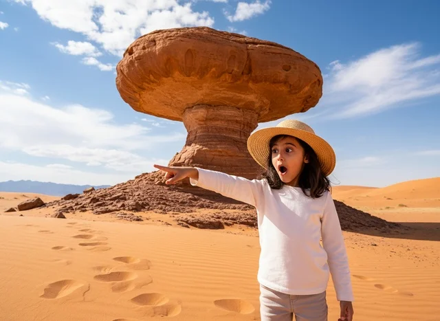 طفلة سعودية عند صخرة الفطر في العلا