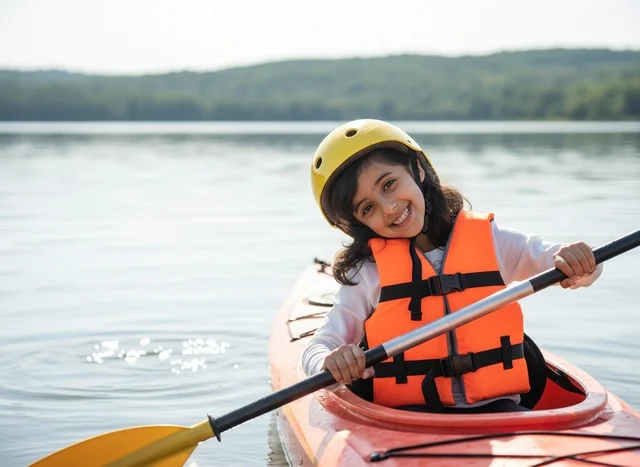 Arab Girl Kayaking on Lake wearing Safety Gear