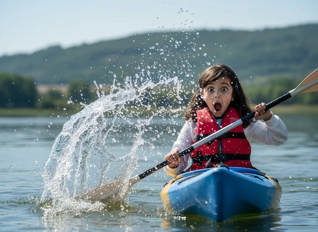 Middle Eastern Girl Kayaking on Lake with Water Splash