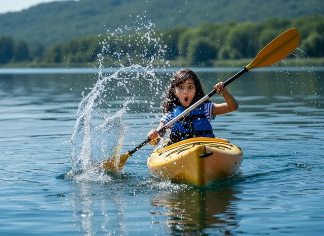 Young Arab Girl Kayaking with Water Splash on Lake