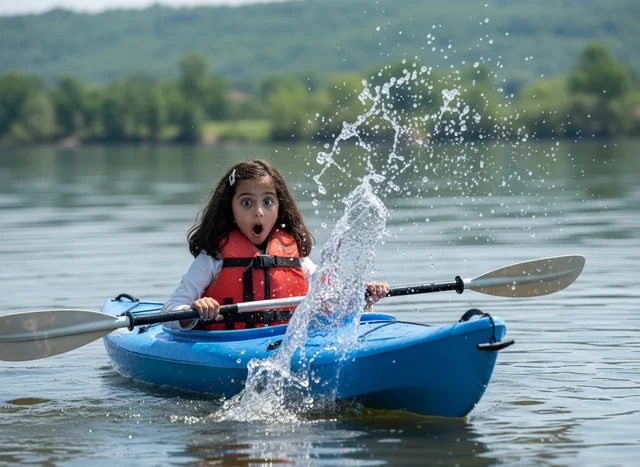 Arab Girl in Blue Kayak with Water Splash