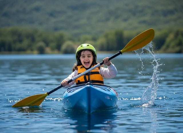 Arab Child Kayaking on Calm Lake with Water Splash