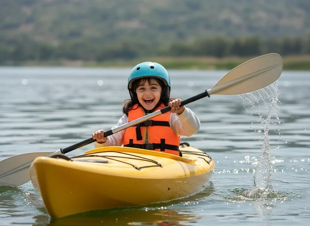 Arab Girl Kayaking on Lake with Safety Gear