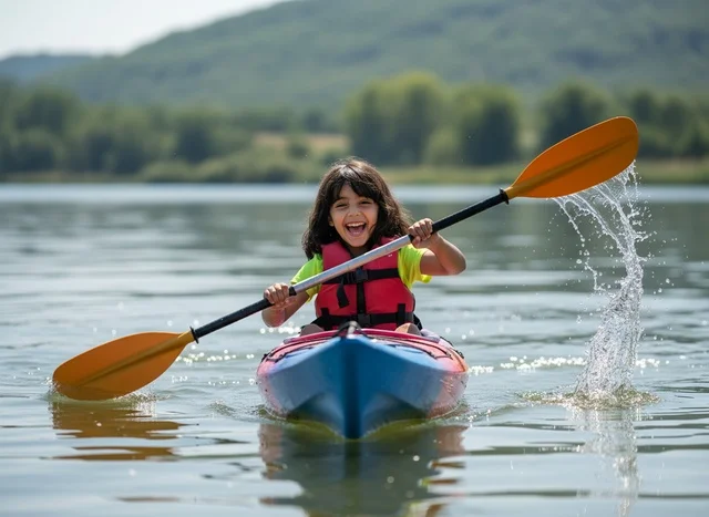 Arab Girl Kayaking on Calm Lake in Daylight