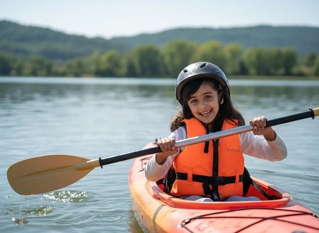 Arab Girl Kayaking on Lake Wearing Safety Gear