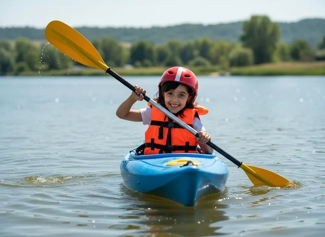 Arab Girl Kayaking on Lake in Safety Gear