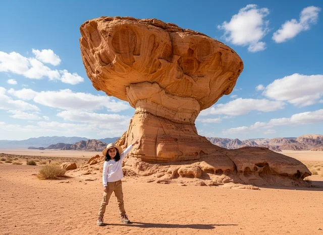 Saudi Girl at Mushroom Rock Formation in Desert