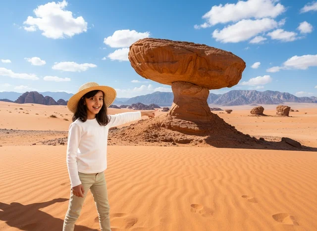 Young Saudi Girl Pointing at Mushroom Rock in Desert