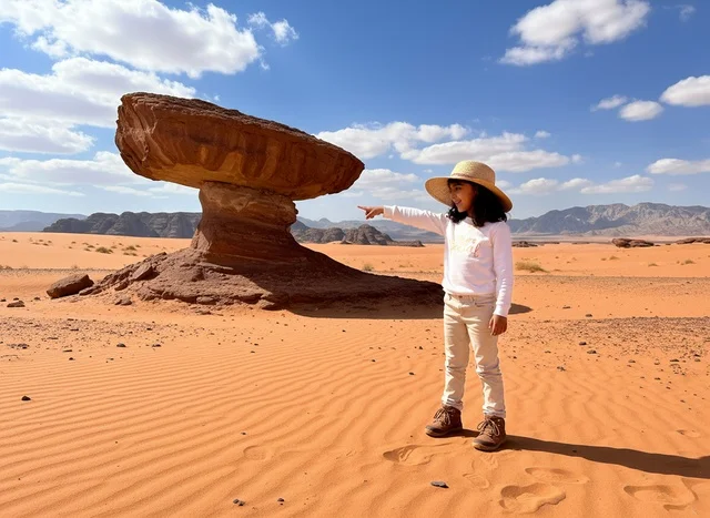 Saudi Girl Pointing at Mushroom Rock in Desert