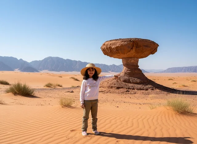 Saudi Girl at Mushroom Rock Formation in AlUla Desert