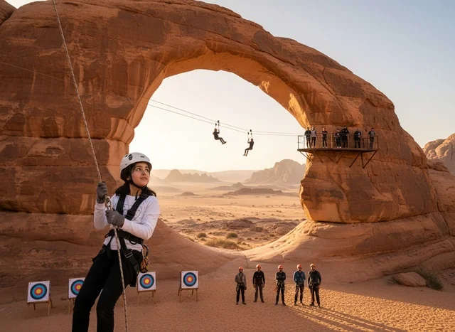 Saudi Girl Rock Climbing in AlUla Desert at Sunset