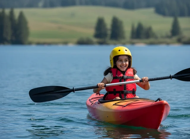 Arab Girl Kayaking on Calm Lake in Daylight