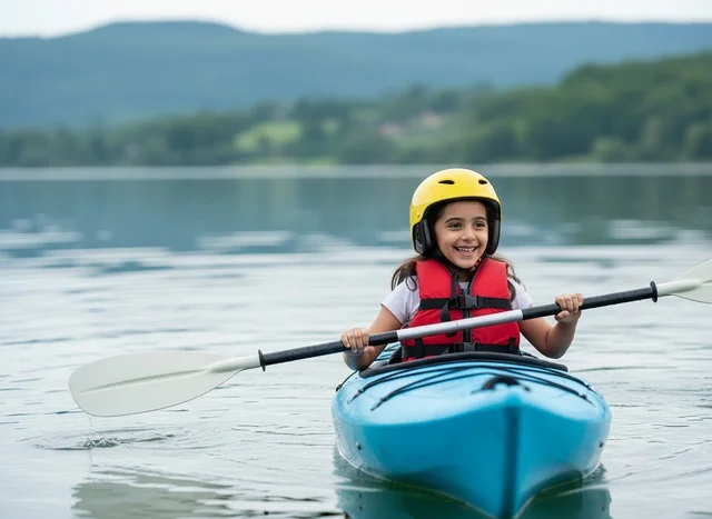 Middle Eastern Girl Kayaking on Lake with Safety Gear