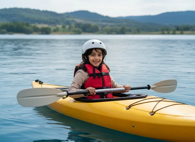 Arab Girl in Yellow Kayak on Calm Blue Water Lake