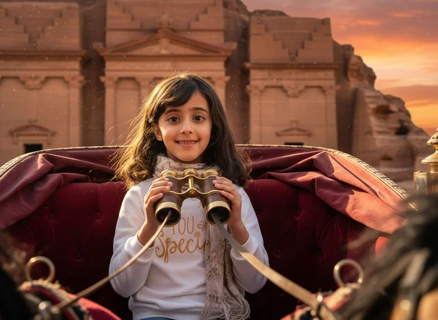 Saudi Girl with Binoculars at Hegra AlUla Sunset