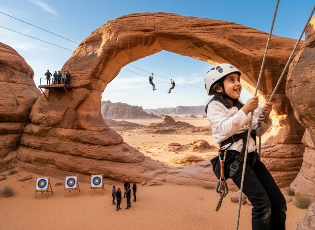 Arab Girl Rock Climbing at Natural Arch in AlUla