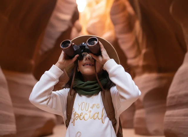 Arab Girl with Binoculars in Sandstone Canyon