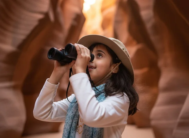 Arab Girl with Binoculars Exploring a Desert Canyon