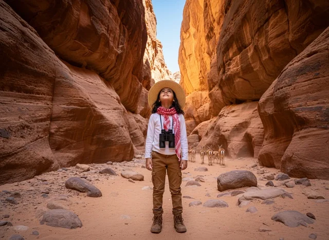 Arab Girl Explorer in Sandstone Canyon with Binoculars