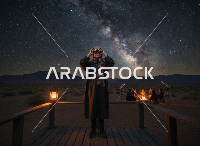 رجل سعودي يرصد النجوم بالمنظار في ليل الصحراء