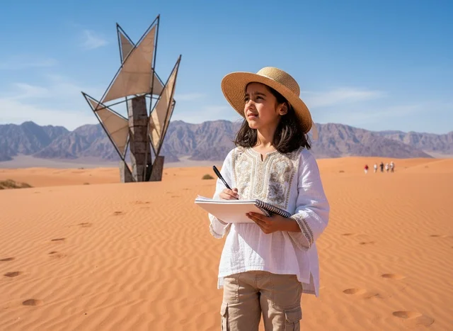 Saudi Girl Sketching in Desert Near Metal Sculpture