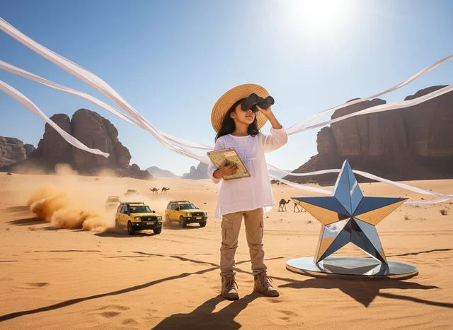 Saudi Girl Exploring Desert with Binoculars and 4x4