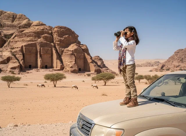 Saudi Girl with Binoculars at AlUla Hegra Ruins