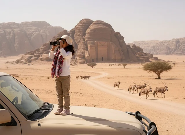 A Saudi girl in safari attire in the Al-Hijr area of Al-Ula.