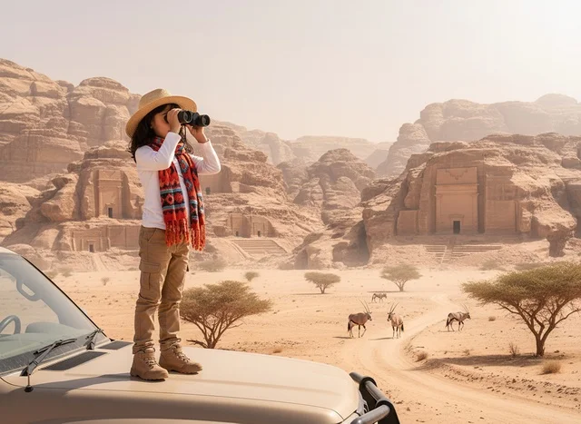 Girl Observing AlUla Hegra Tombs with Binoculars