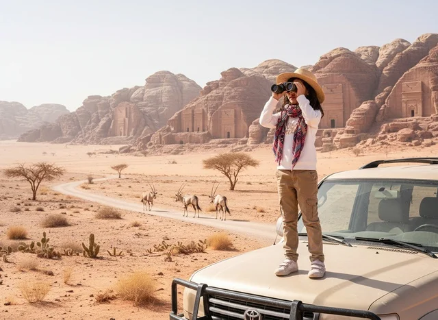 Saudi Girl in Al-Ula Desert Safari with Binoculars