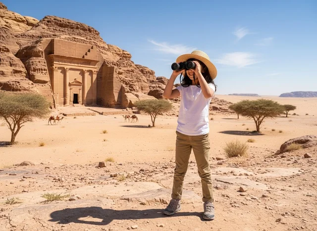 Saudi Girl at Hegra AlUla with Binoculars
