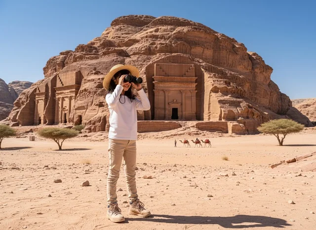 طفلة سعودية بالمنظار في آثار الحجر بالعلا