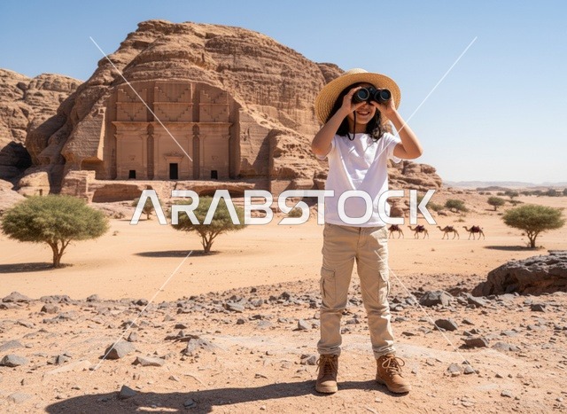 طفل سعودي ينظر بالمنظار في مدائن صالح بالعلا