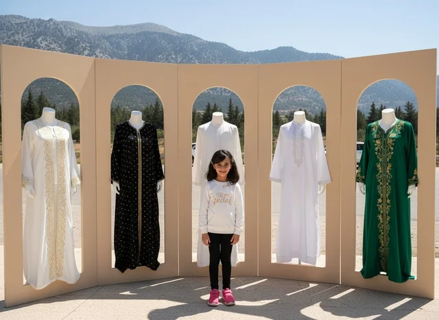 Moroccan Traditional Kaftan Display with Girl Outdoors
