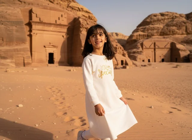 طفلة سعودية في موقع الحجر الأثري بالعلا