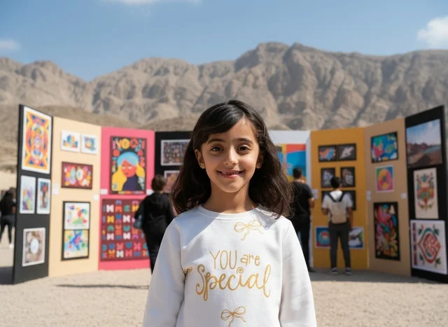 Arab Girl at Outdoor Art Exhibition in Mountains
