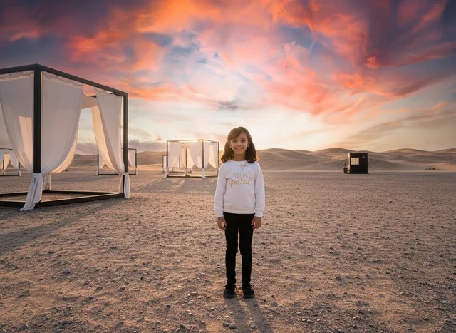 Saudi Girl at Desert Campsite under Sunset Sky