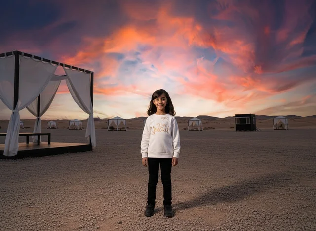 Saudi Girl in Desert Camp at Sunset