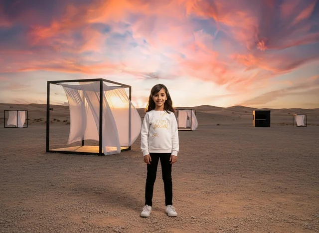 Arab Girl in Desert at Sunset with Art Installations