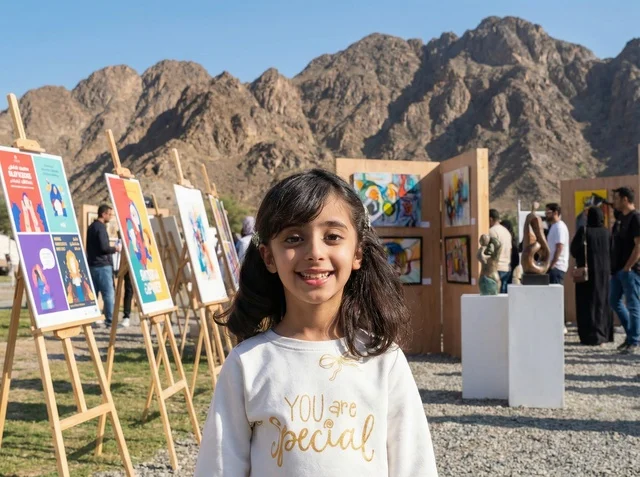 طفلة إماراتية في معرض فني خارجي بين الجبال