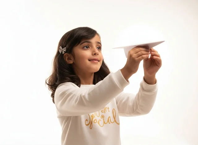 Saudi Girl Playing with Paper Airplane Studio Shot