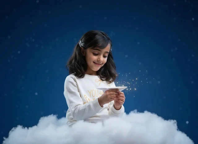 Arab Girl on Clouds with Magical Glowing Light