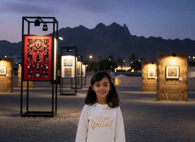 Saudi Girl at Outdoor Art Exhibition with Mountain View